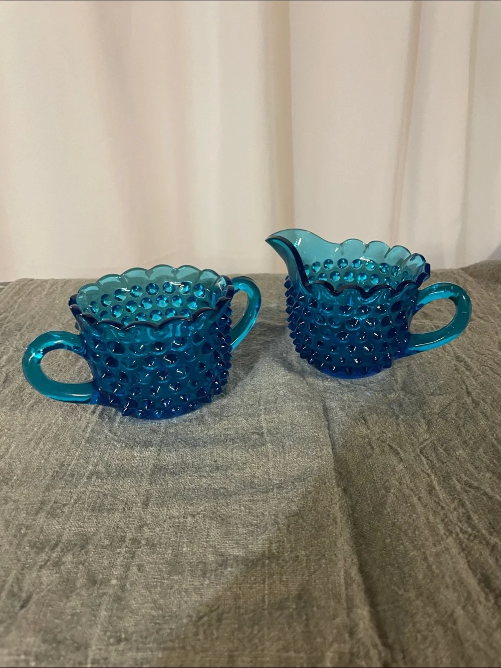 Vintage Blue Hobnail Glass Creamer and Sugar Set